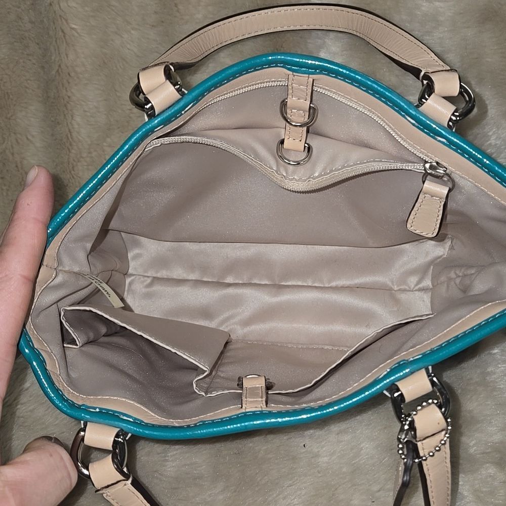 COACH SIGNATURE STRIPE TOP HANDLE TOTE (F51267) SILVER/NAVY/BRIGHT JADE - Picture 6 of 7